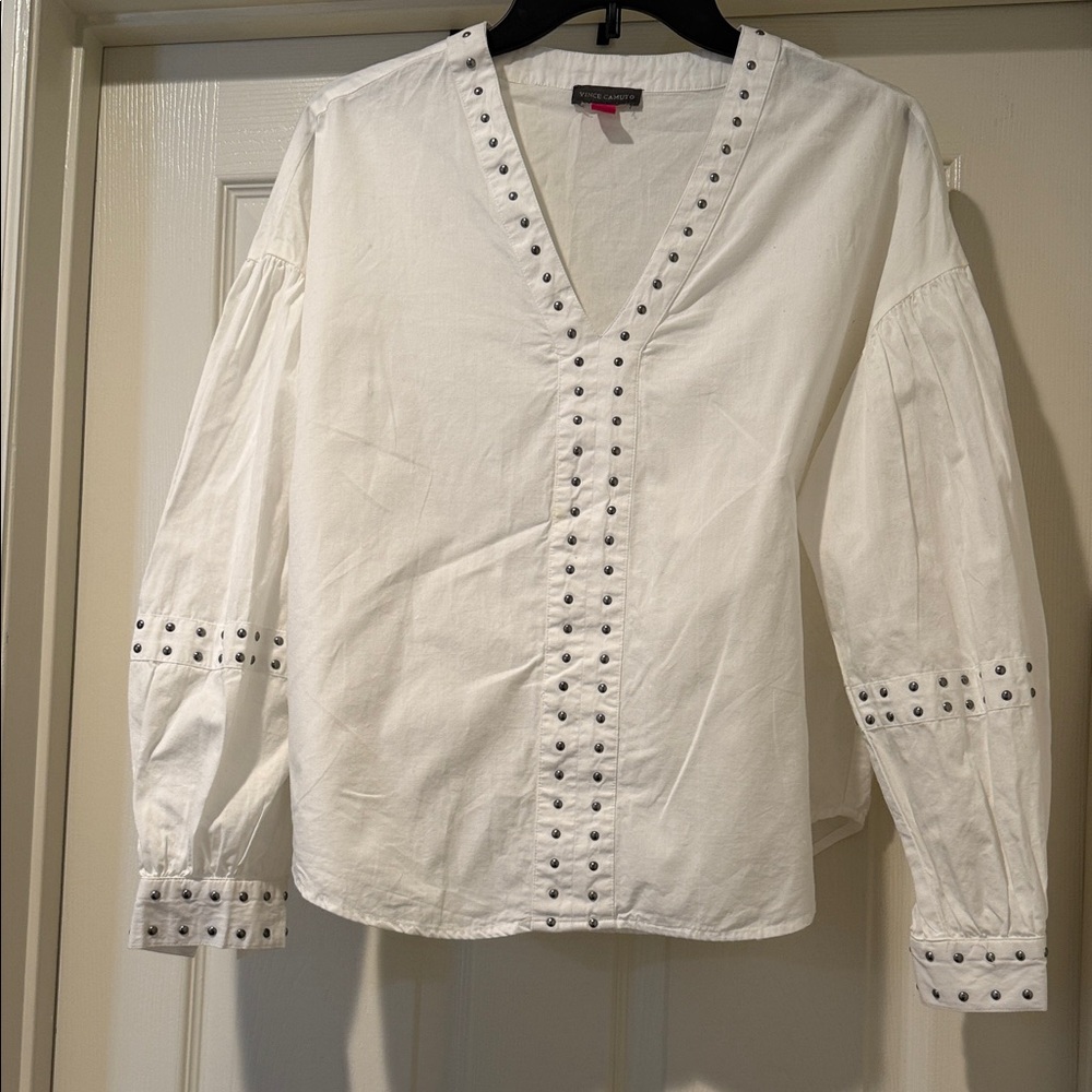 Edgy Studded VNeck Puff Sleeve Boho Coastal Cowgirl Rockstar Cotton Coquette Sm